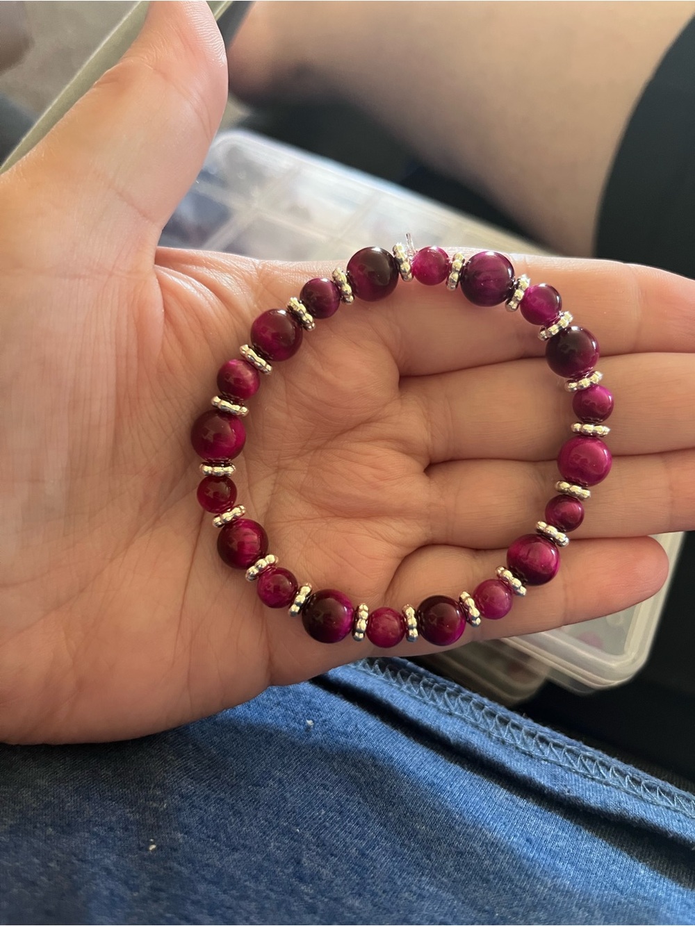 Elegant Pink Beaded Stretch Bracelet with Silver Accents Handmade